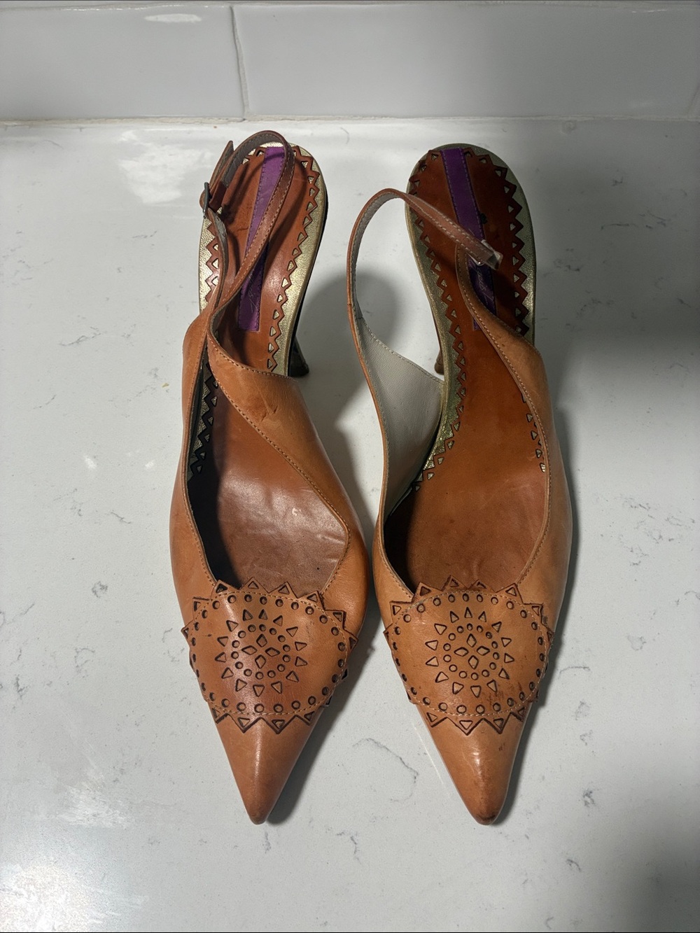 Women's Tan Leather Pointed Slingback Heels